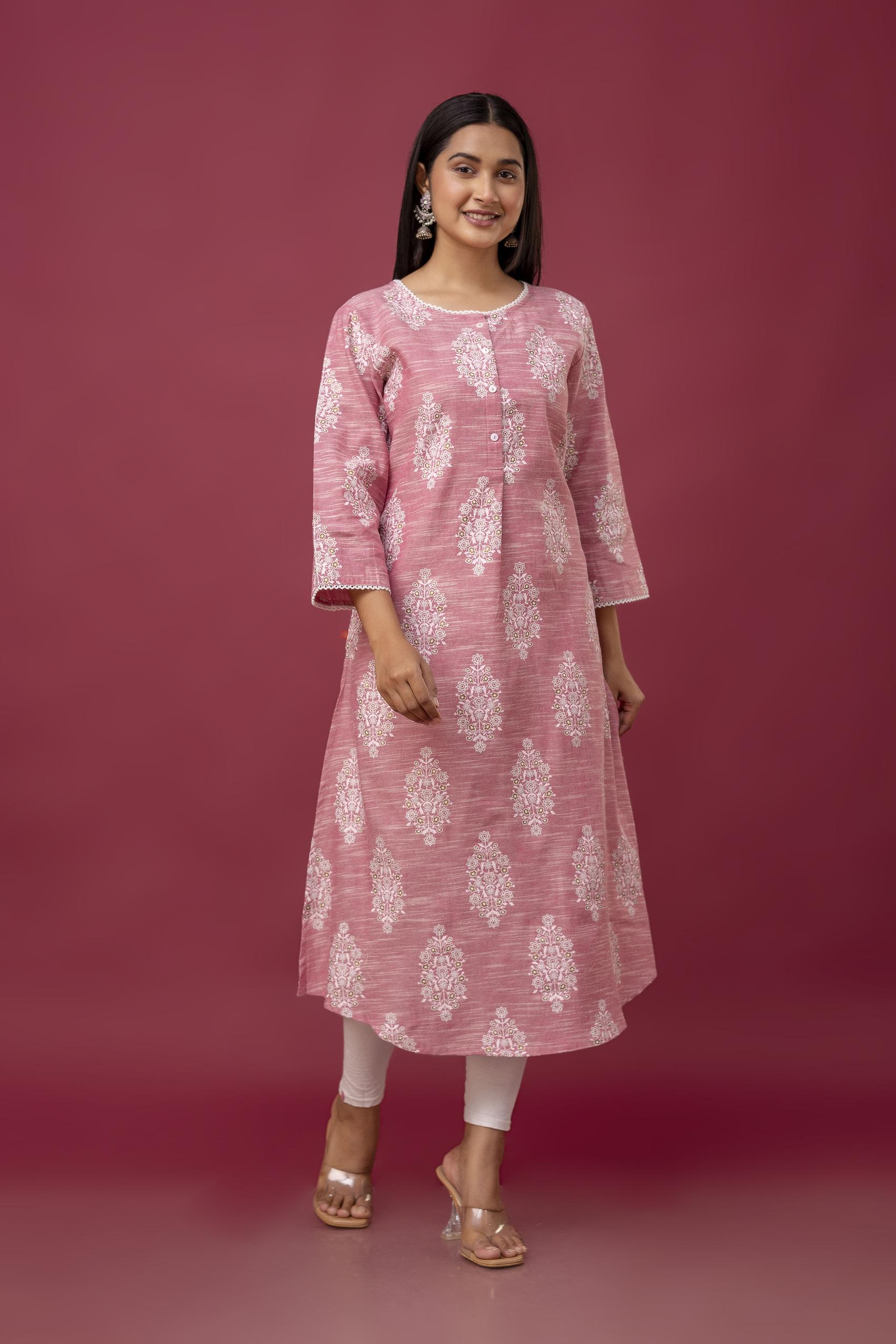 VASVI Women Floral Printed Round Neck Cotton A-Line Kurta