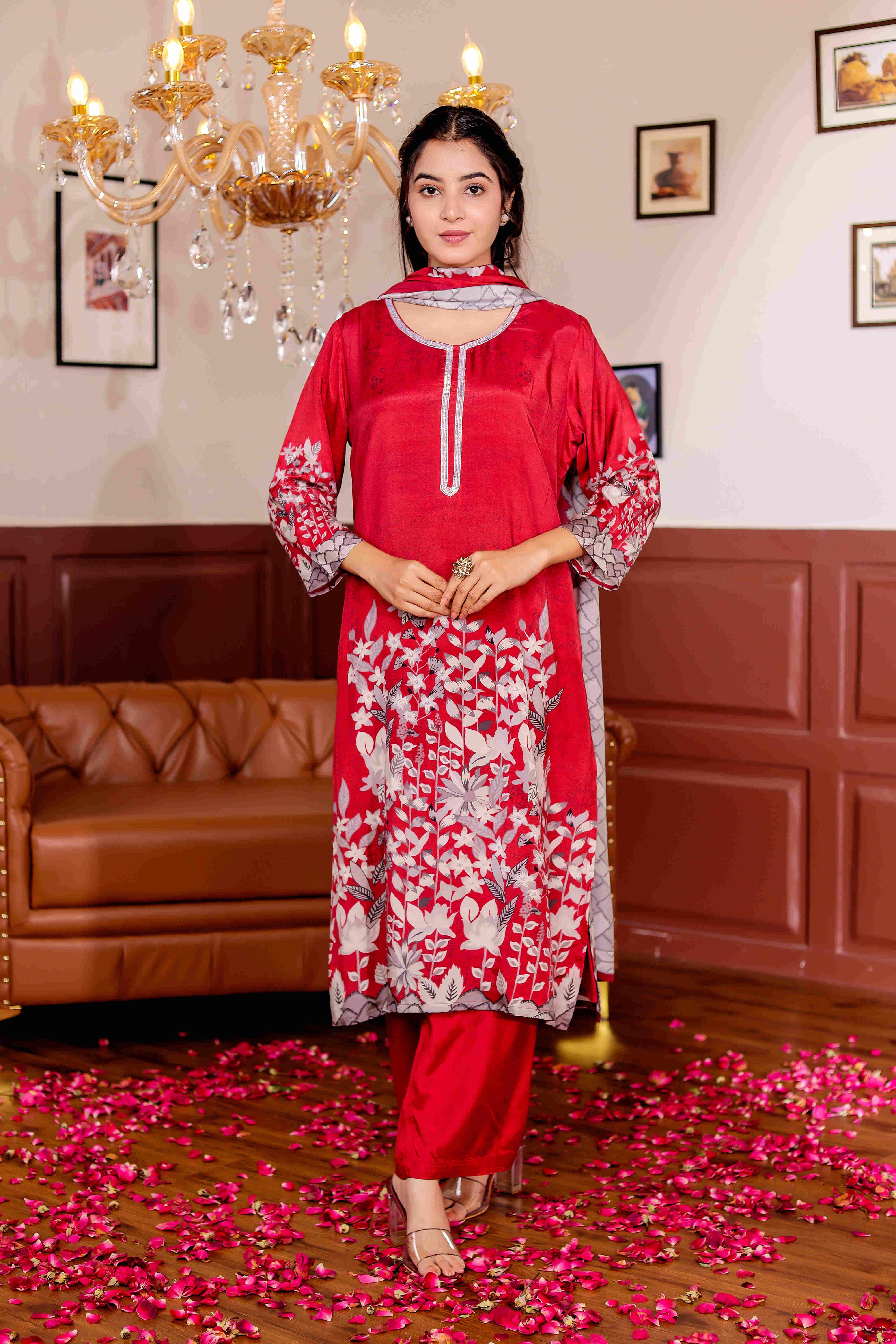 VASVI Women Floral Printed Cotton Adda Work Straight Kurta With Trouser And Dupatta