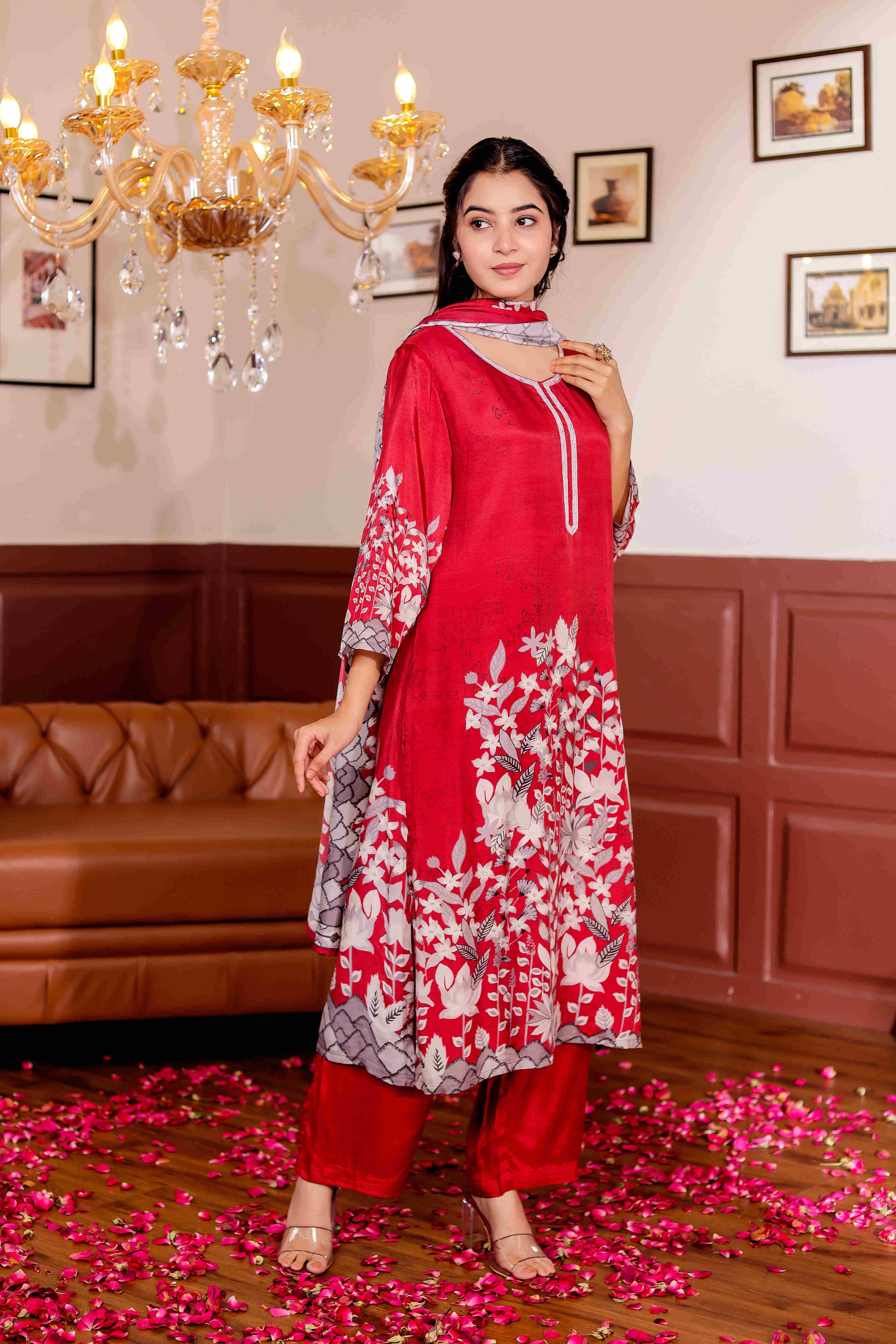 VASVI Women Floral Printed Cotton Adda Work Straight Kurta With Trouser And Dupatta