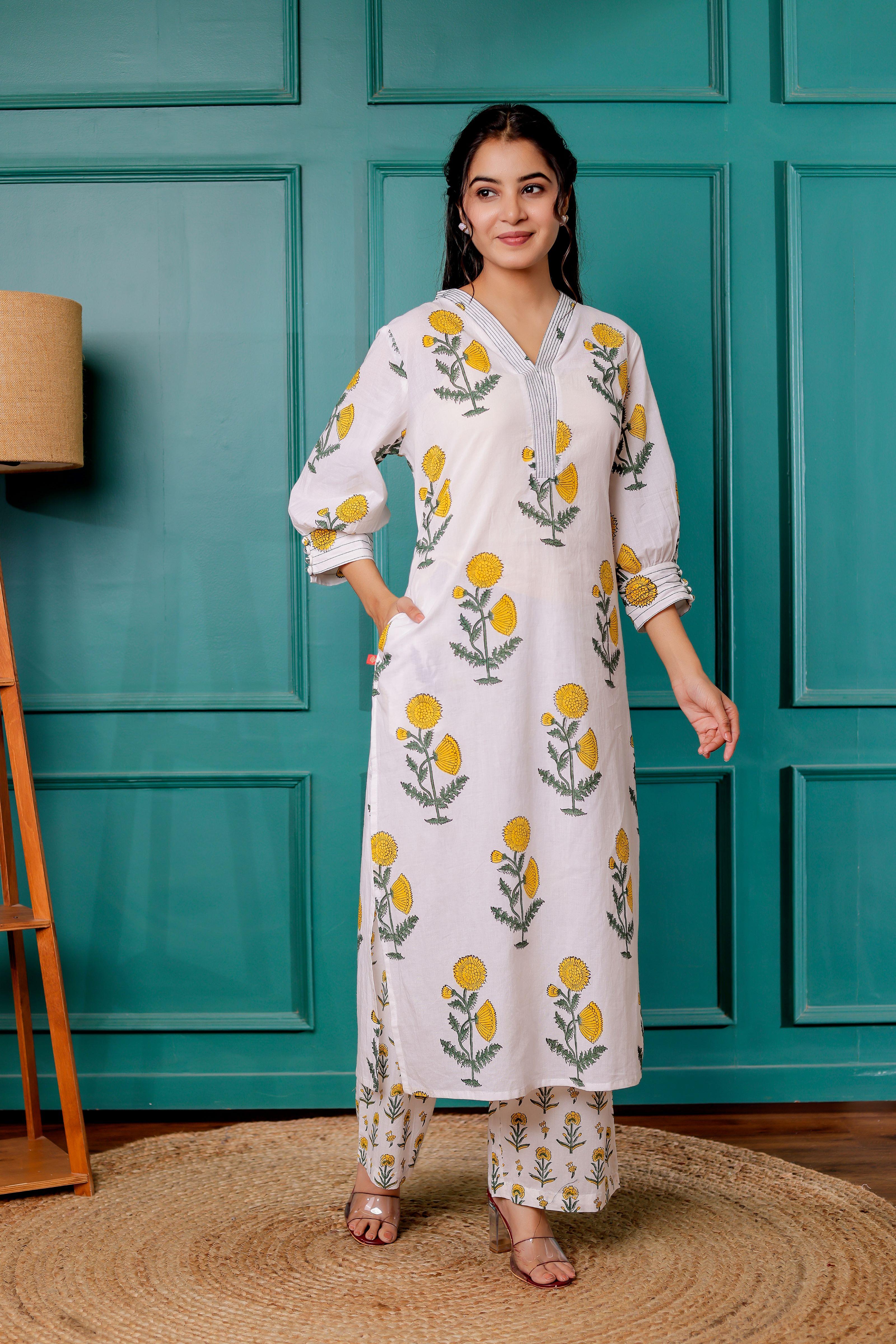 VASVI Floral Printed V-Neck Puffed Sleeves Pure Cotton Straight Kurta With Palazzo