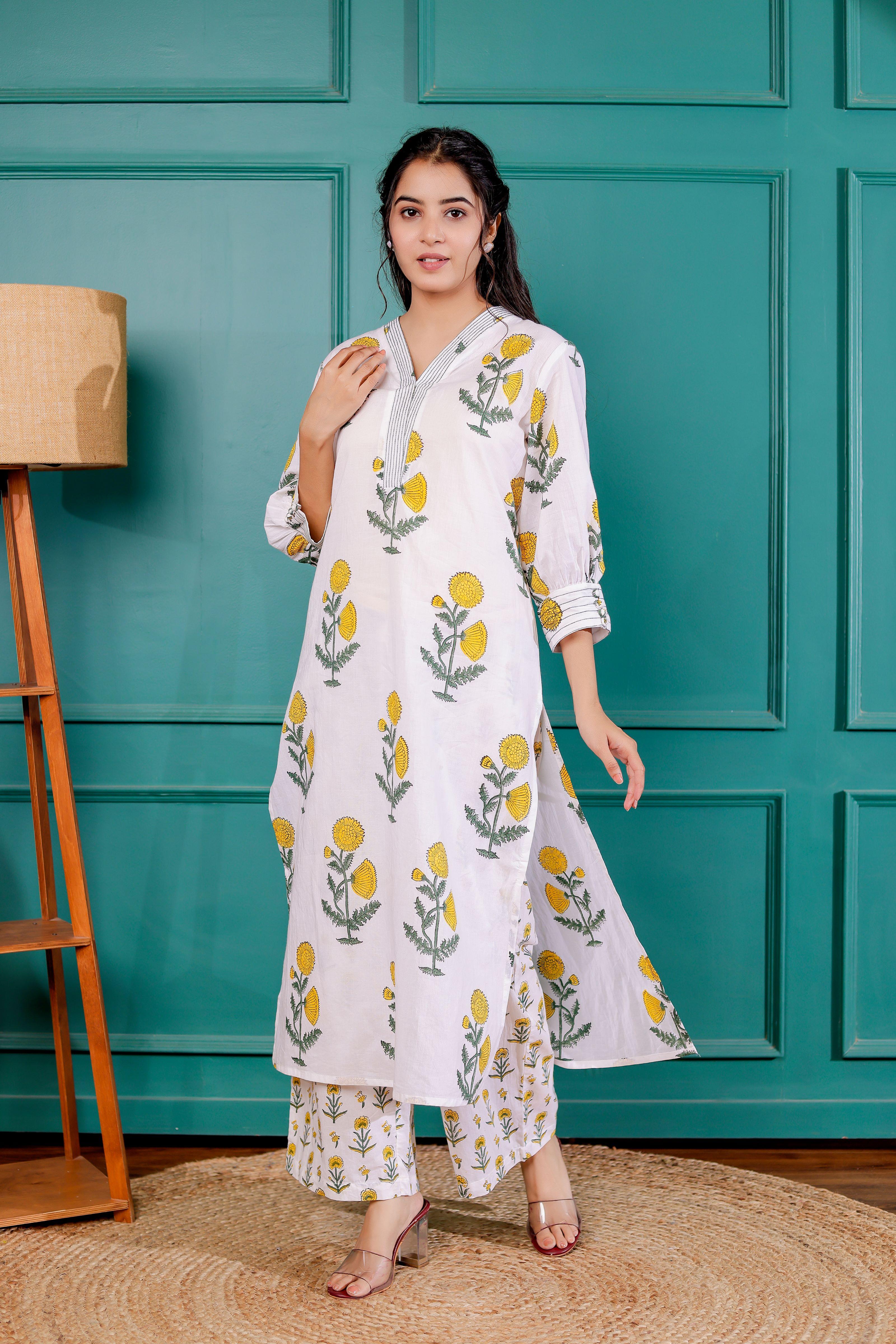 VASVI Floral Printed V-Neck Puffed Sleeves Pure Cotton Straight Kurta With Palazzo