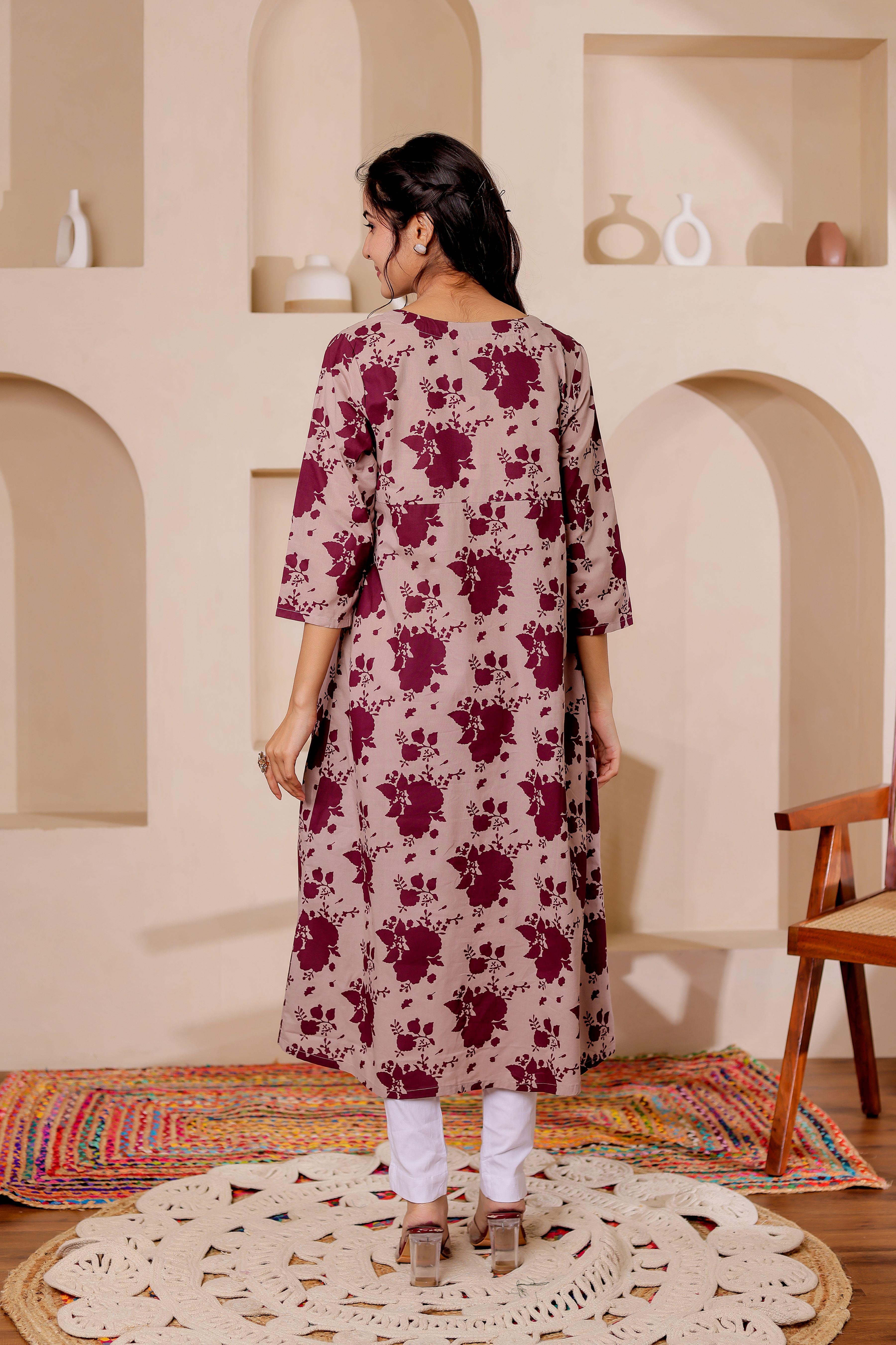 VASVI Women Floral Printed V-Neck A-line Cotton Angrakha Kurta