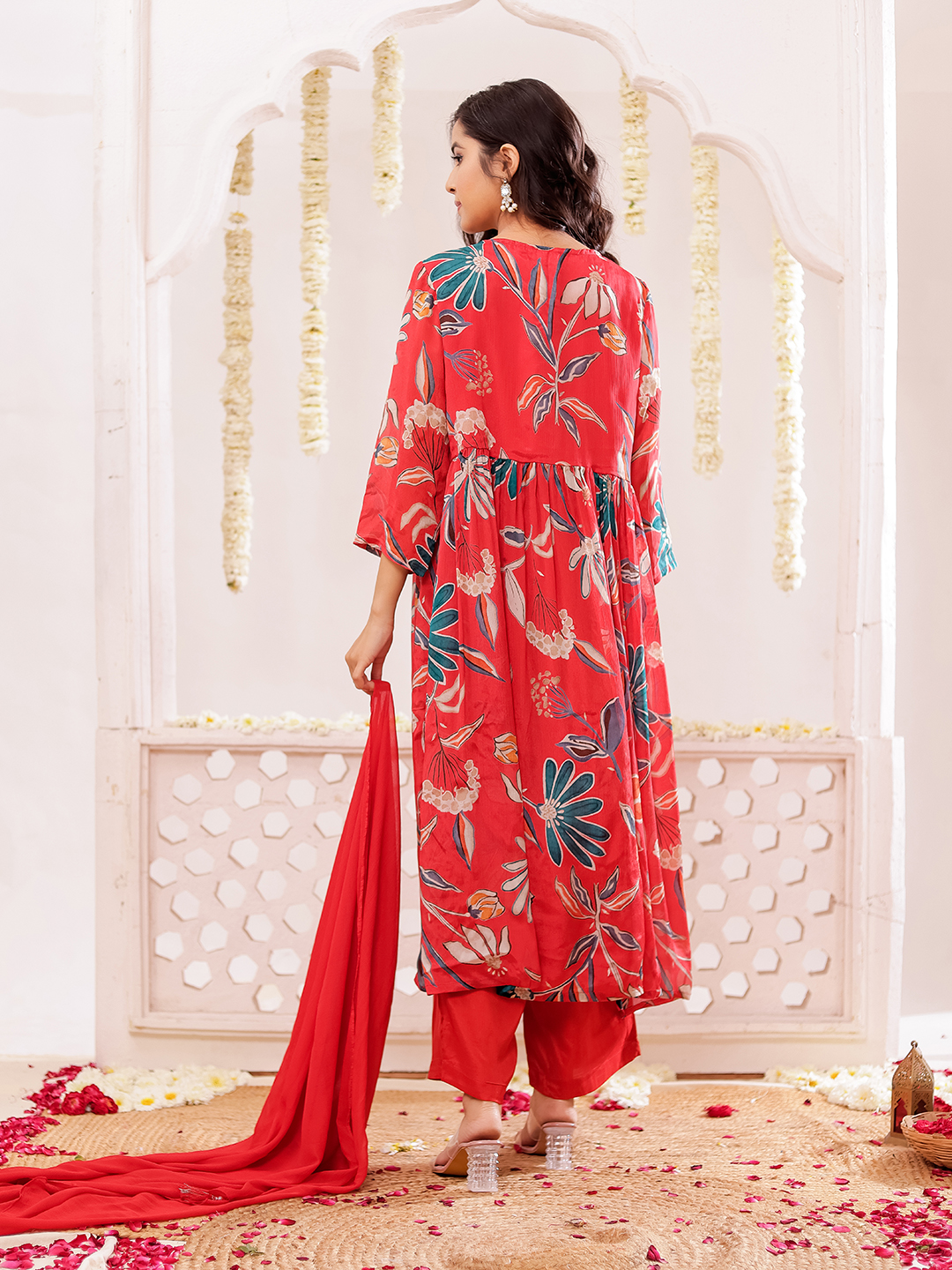 Chinon Floral Printed Adda Work Kurta, Trousers With Dupatta Hover