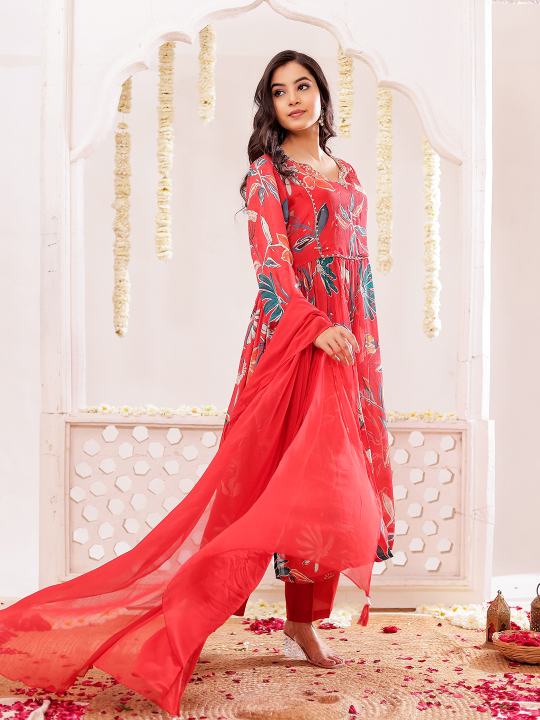 Chinon Floral Printed Adda Work Kurta, Trousers With Dupatta