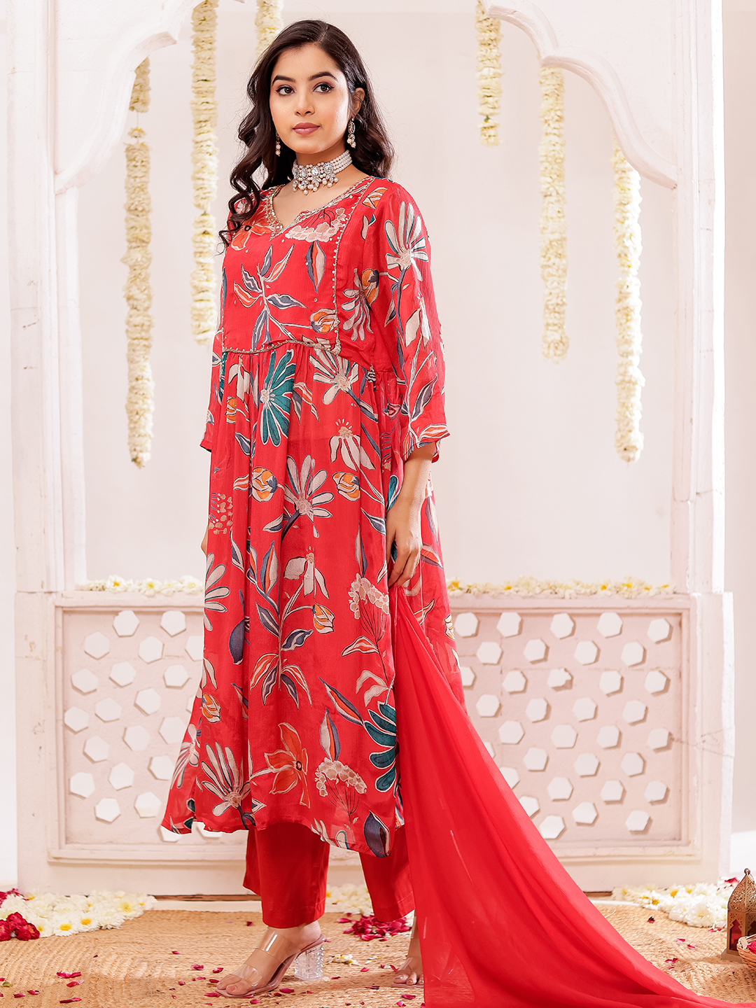Chinon Floral Printed Adda Work Kurta, Trousers With Dupatta
