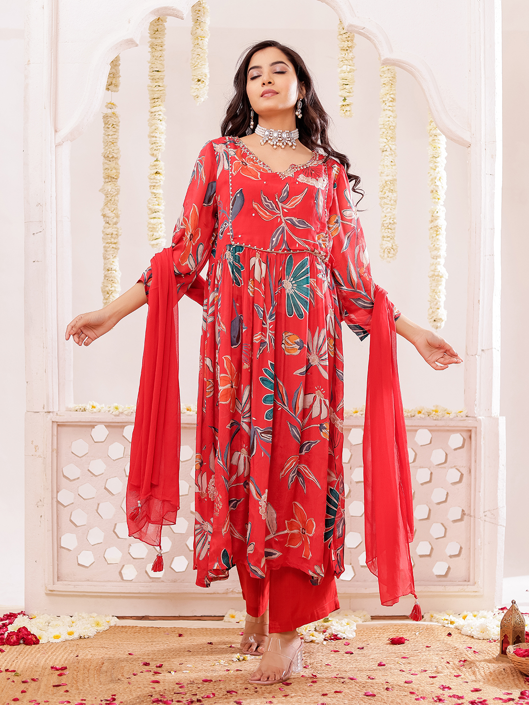 Chinon Floral Printed Adda Work Kurta, Trousers With Dupatta