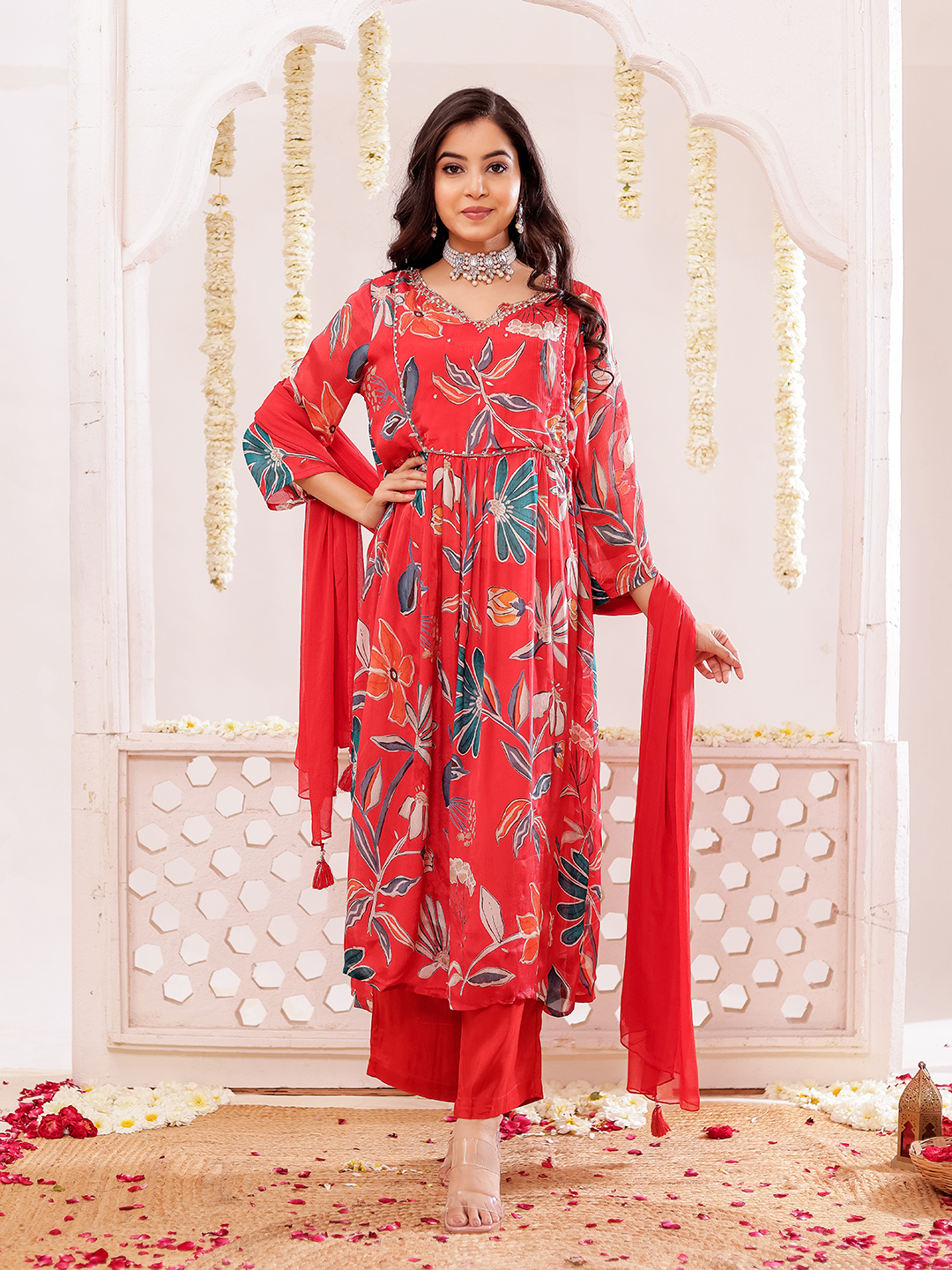Chinon Floral Printed Adda Work Kurta, Trousers With Dupatta