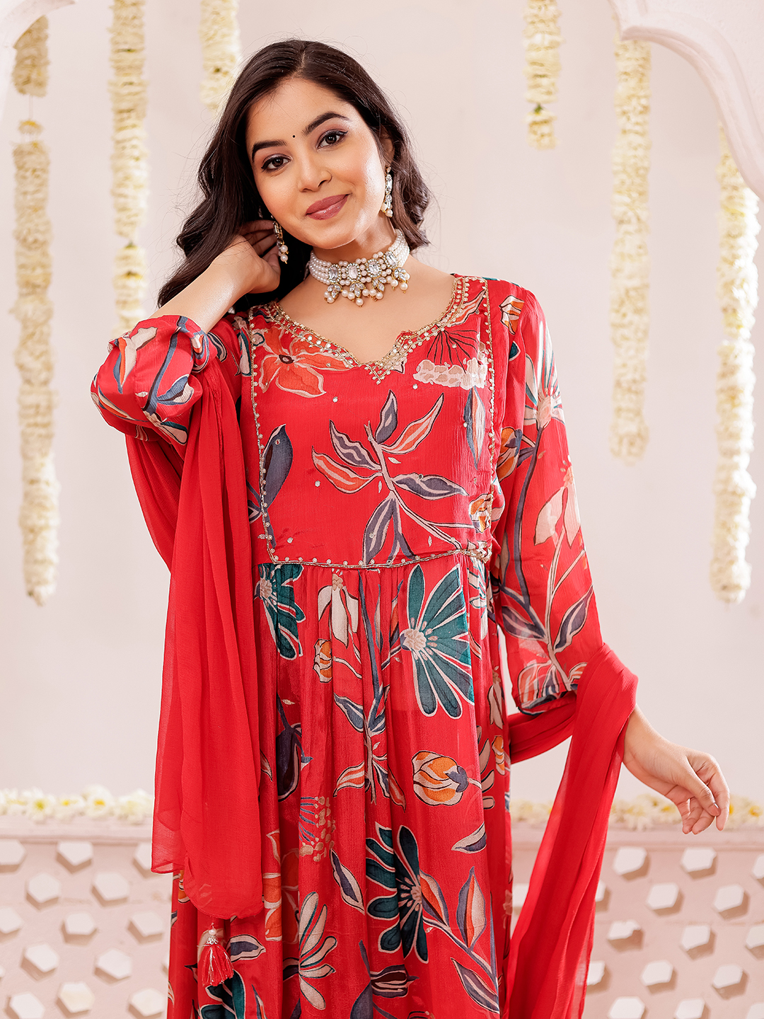 Chinon Floral Printed Adda Work Kurta, Trousers With Dupatta