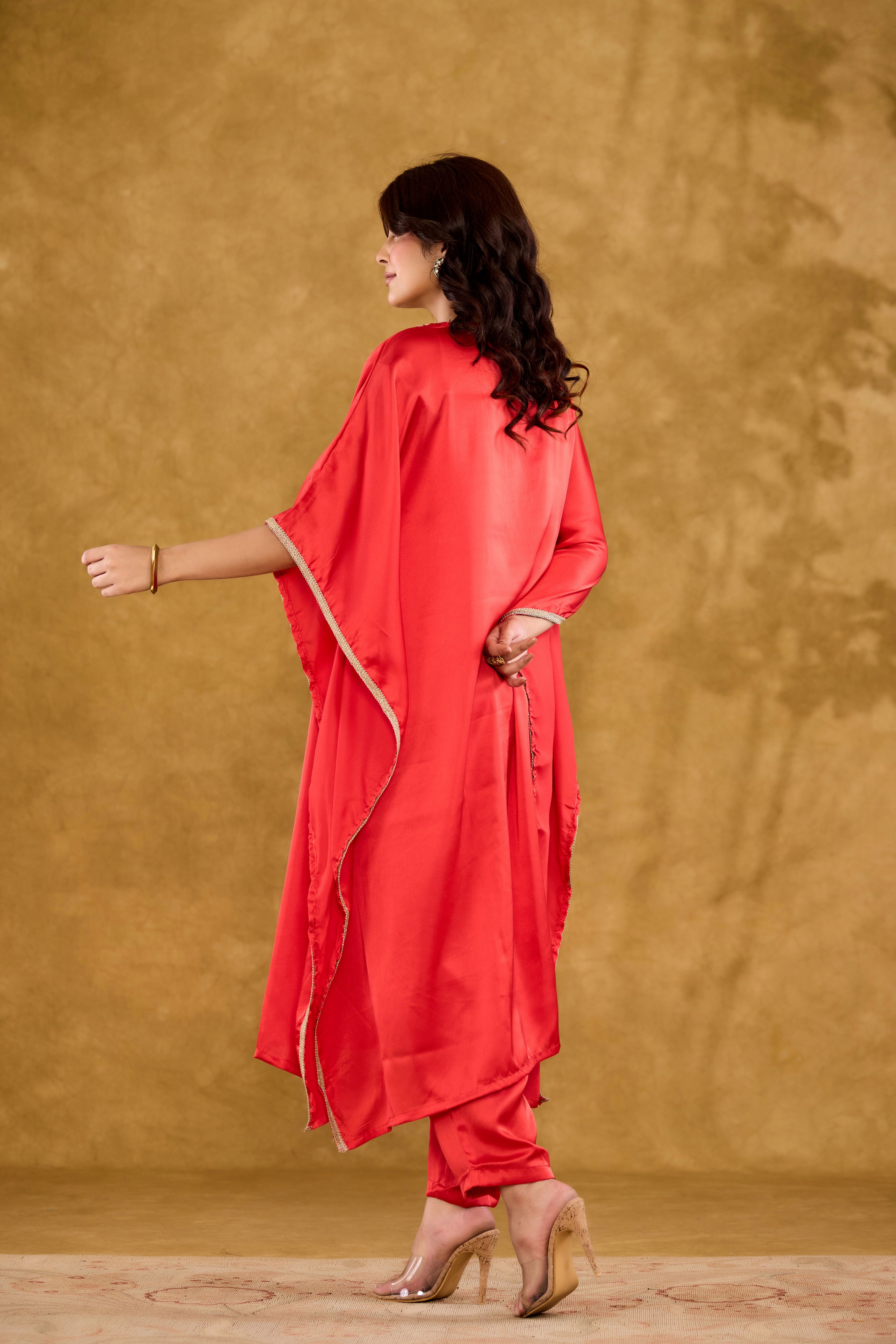 Satin Embroidered V-Neck Kaftan Kurta with Trousers Hover