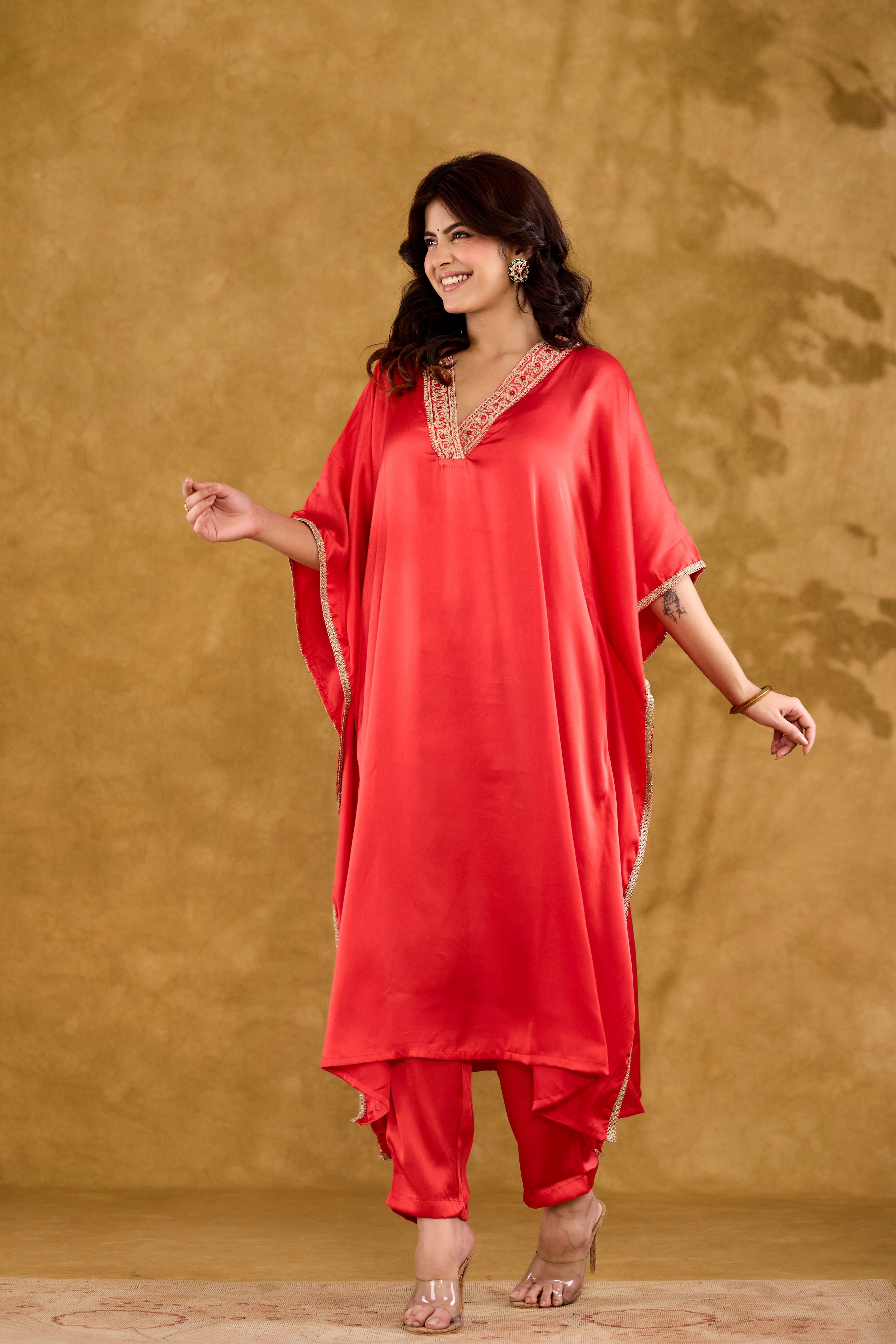 Satin Embroidered V-Neck Kaftan Kurta with Trousers