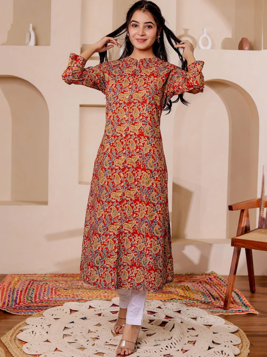Paisely Printed Mandarin Collar Kalamkari Cotton A-Line Kurta