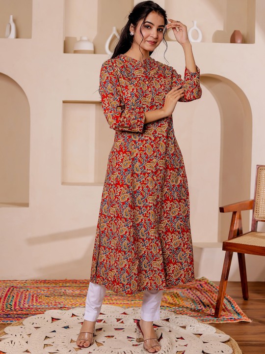 Paisely Printed Mandarin Collar Kalamkari Cotton A-Line Kurta