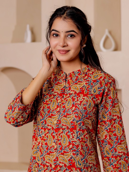 Paisely Printed Mandarin Collar Kalamkari Cotton A-Line Kurta