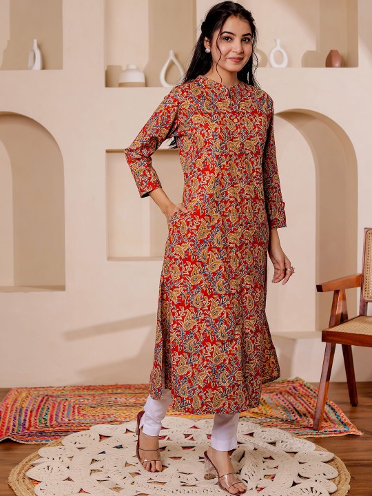 Paisely Printed Mandarin Collar Kalamkari Cotton A-Line Kurta