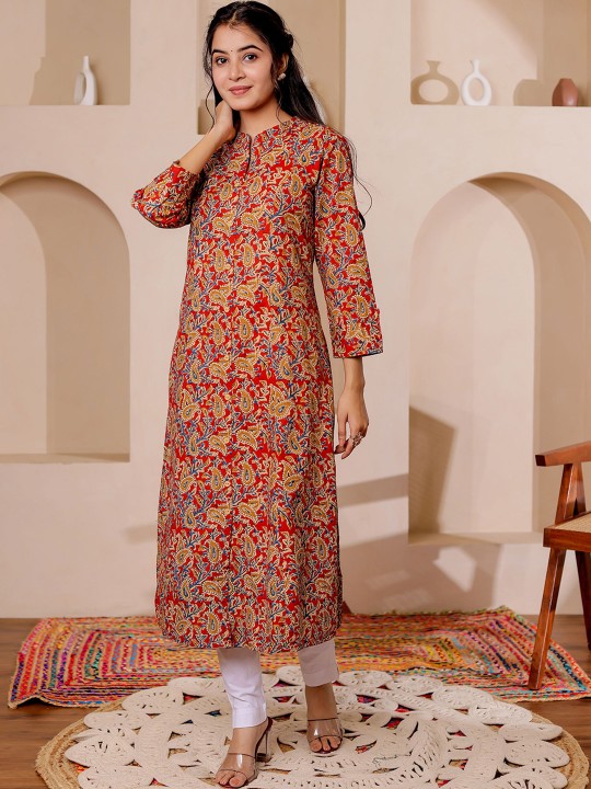 Paisely Printed Mandarin Collar Kalamkari Cotton A-Line Kurta