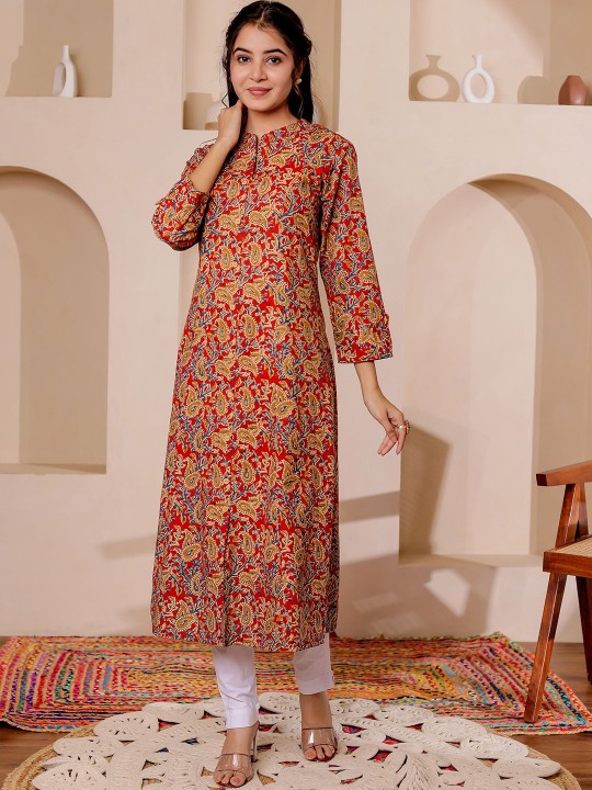 Paisely Printed Mandarin Collar Kalamkari Cotton A-Line Kurta