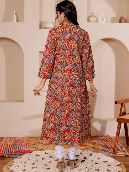 Paisely Printed Mandarin Collar Kalamkari Cotton A-Line Kurta