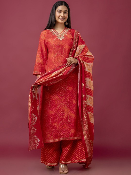 Modal Bandhani Printed Regular Kurta, Palazzos With Dupatta