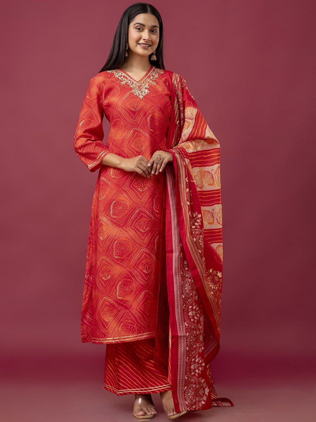 Modal Bandhani Printed Regular Kurta, Palazzos With Dupatta