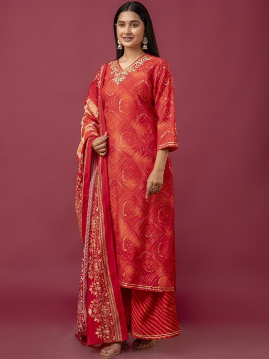 Modal Bandhani Printed Regular Kurta, Palazzos With Dupatta