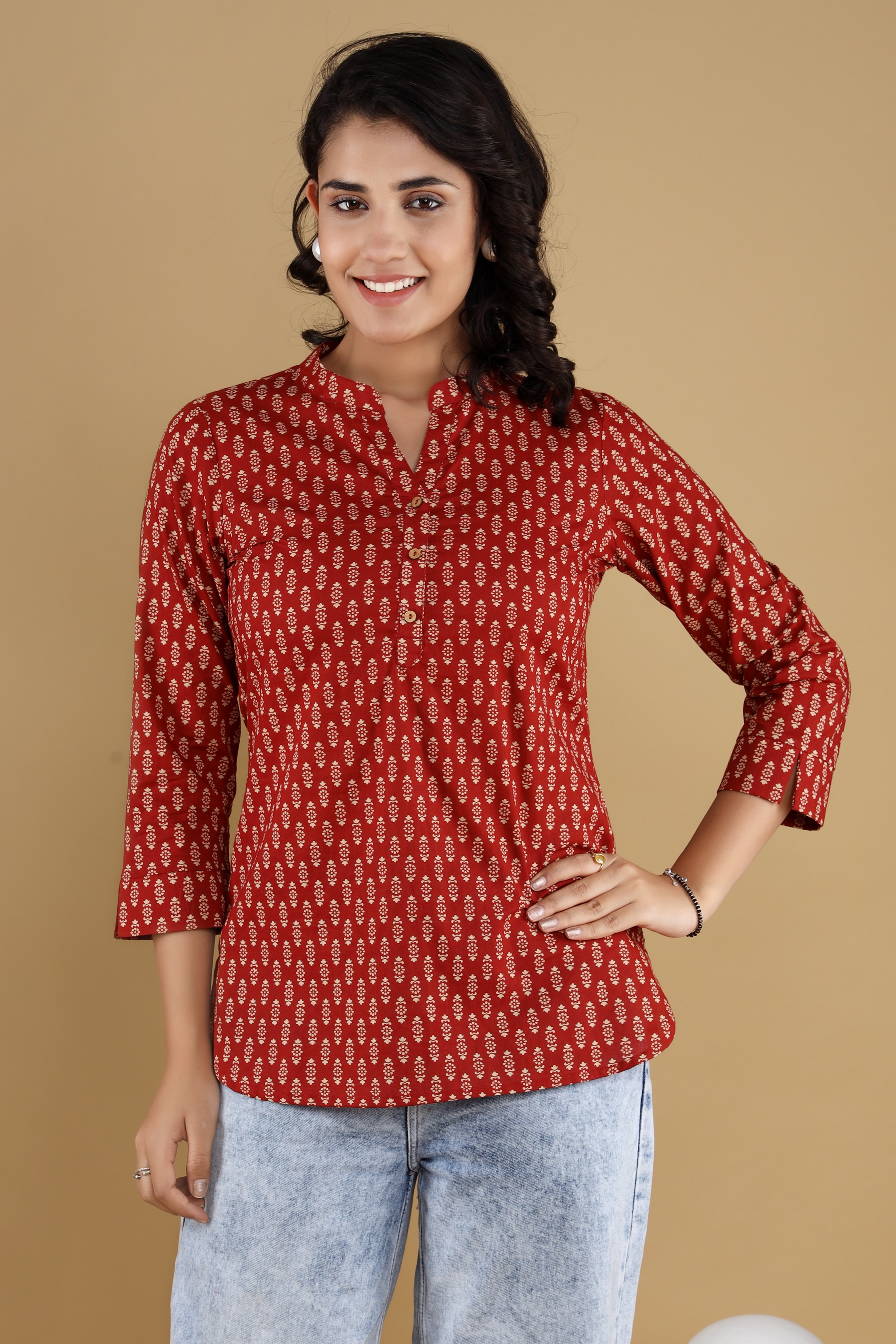 Cotton Printed Mandarin Collar Short Top