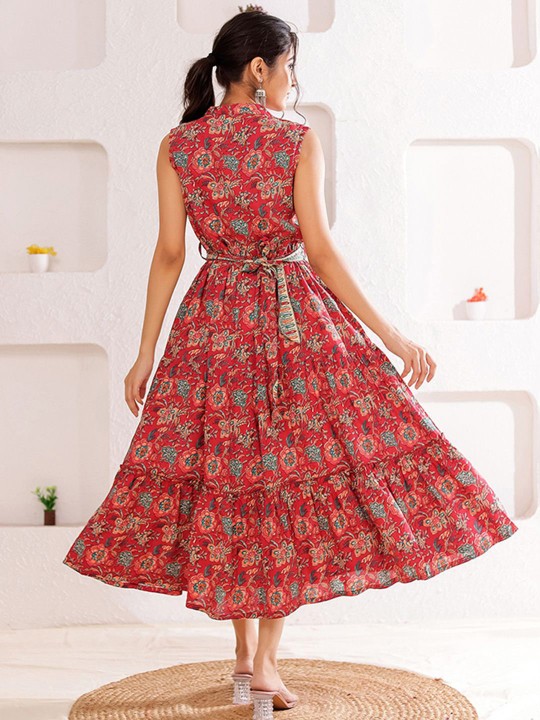 Rayon Women Ethnic Motifs Printed Tiered Fit & Flare Midi Dress Hover