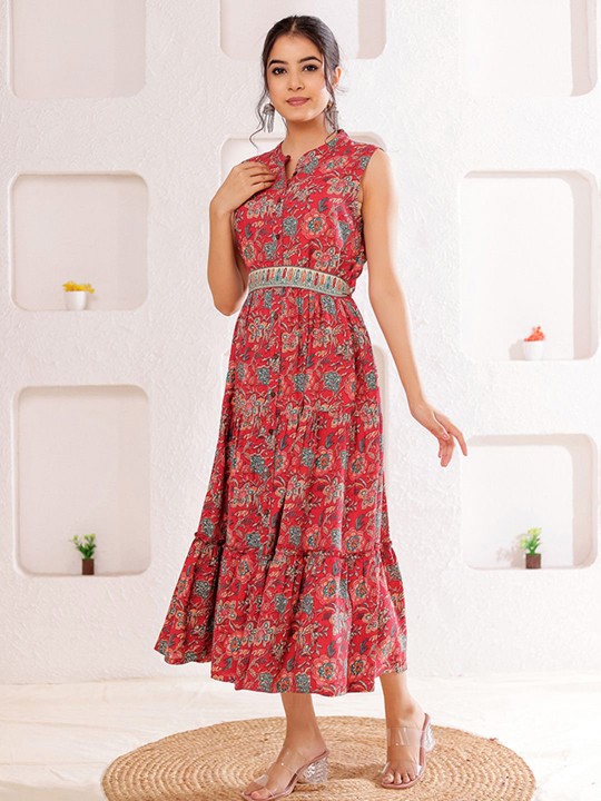 Rayon Women Ethnic Motifs Printed Tiered Fit & Flare Midi Dress