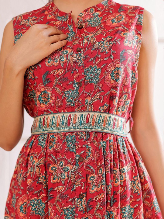 Rayon Women Ethnic Motifs Printed Tiered Fit & Flare Midi Dress