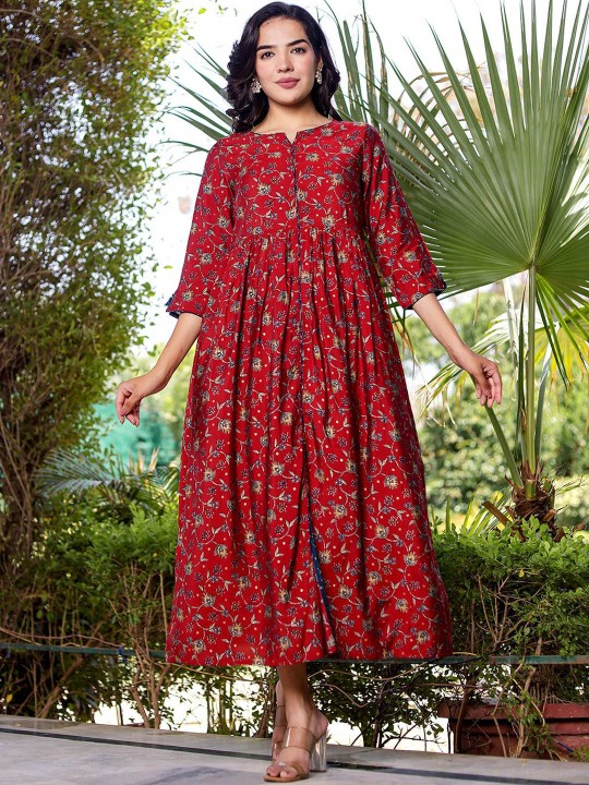 Muslin Printed Ethnic Maxi Flared Dress