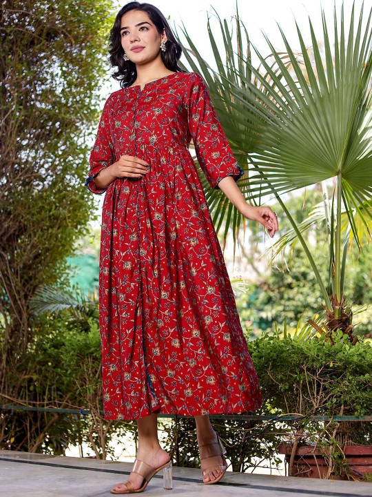 Muslin Printed Ethnic Maxi Flared Dress Hover