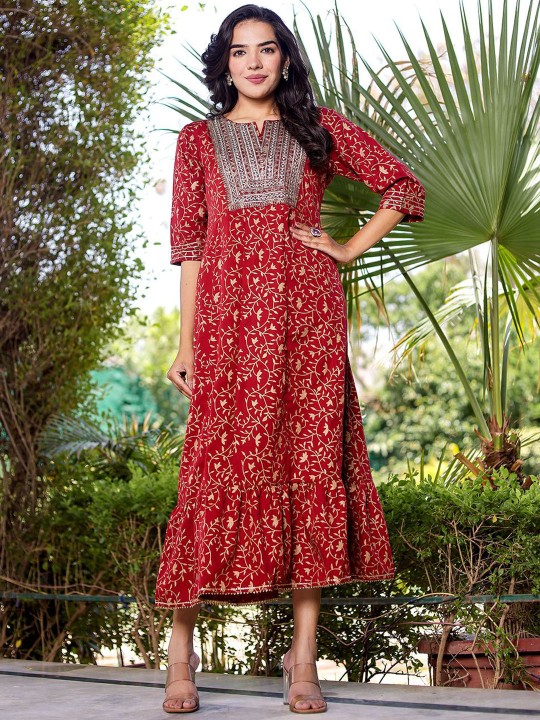 Ikkat Embroidered Maxi Ethnic Dress