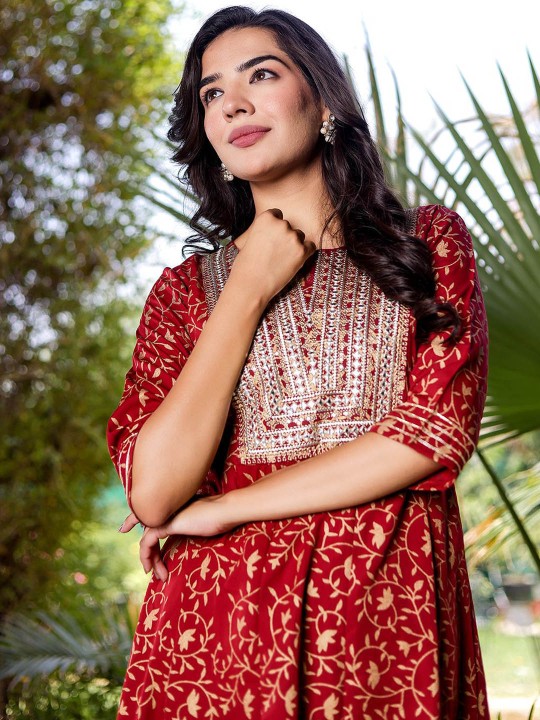 Ikkat Embroidered Maxi Ethnic Dress