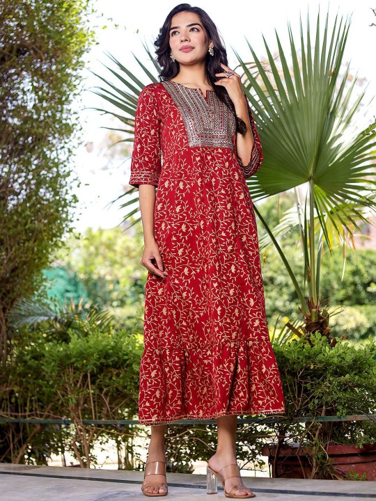 Ikkat Embroidered Maxi Ethnic Dress