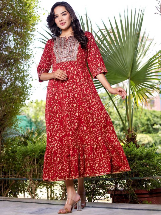 Ikkat Embroidered Maxi Ethnic Dress