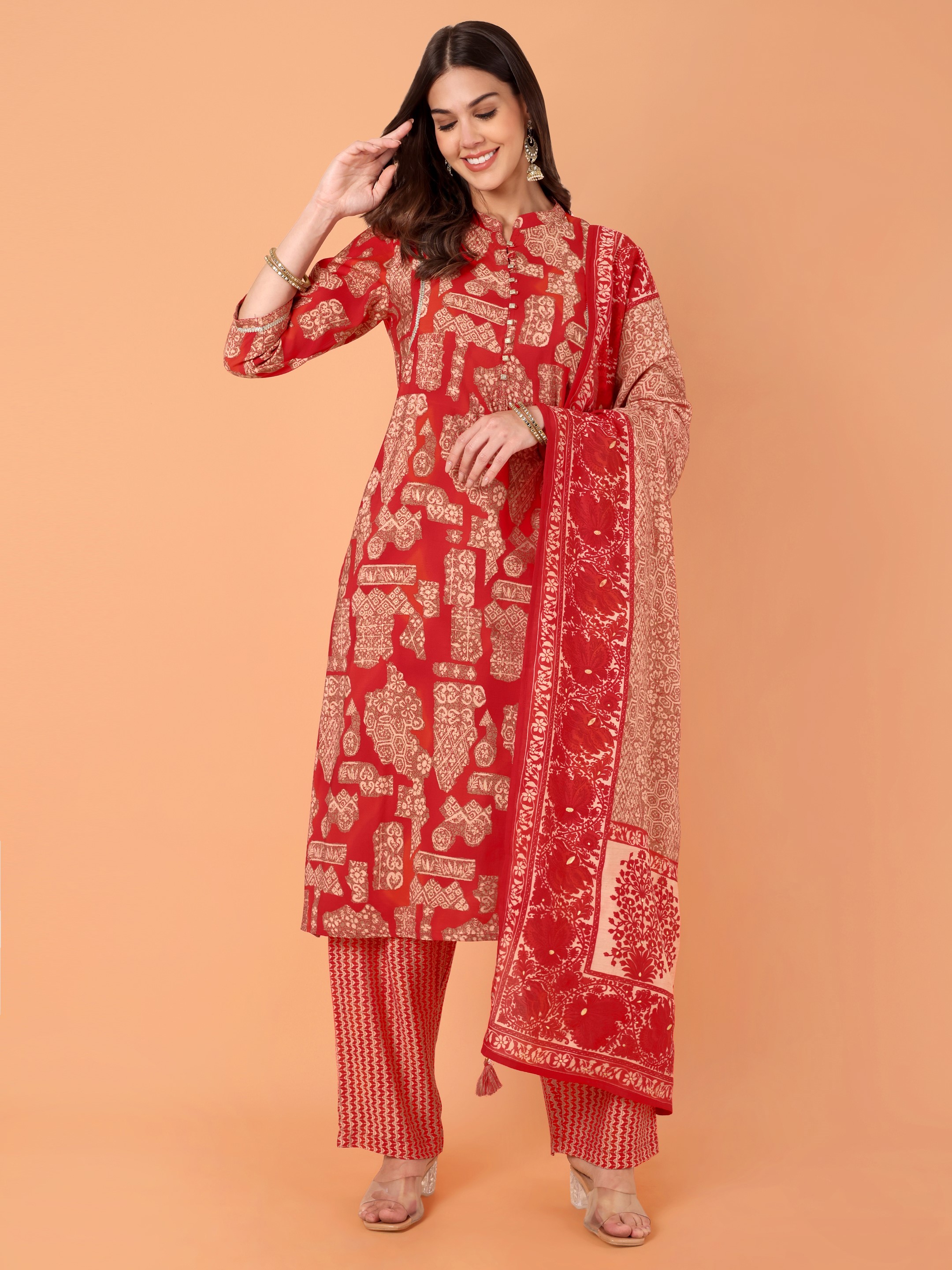 Women Printed Modal Chanderi Kurta Pant With Dupatta Set