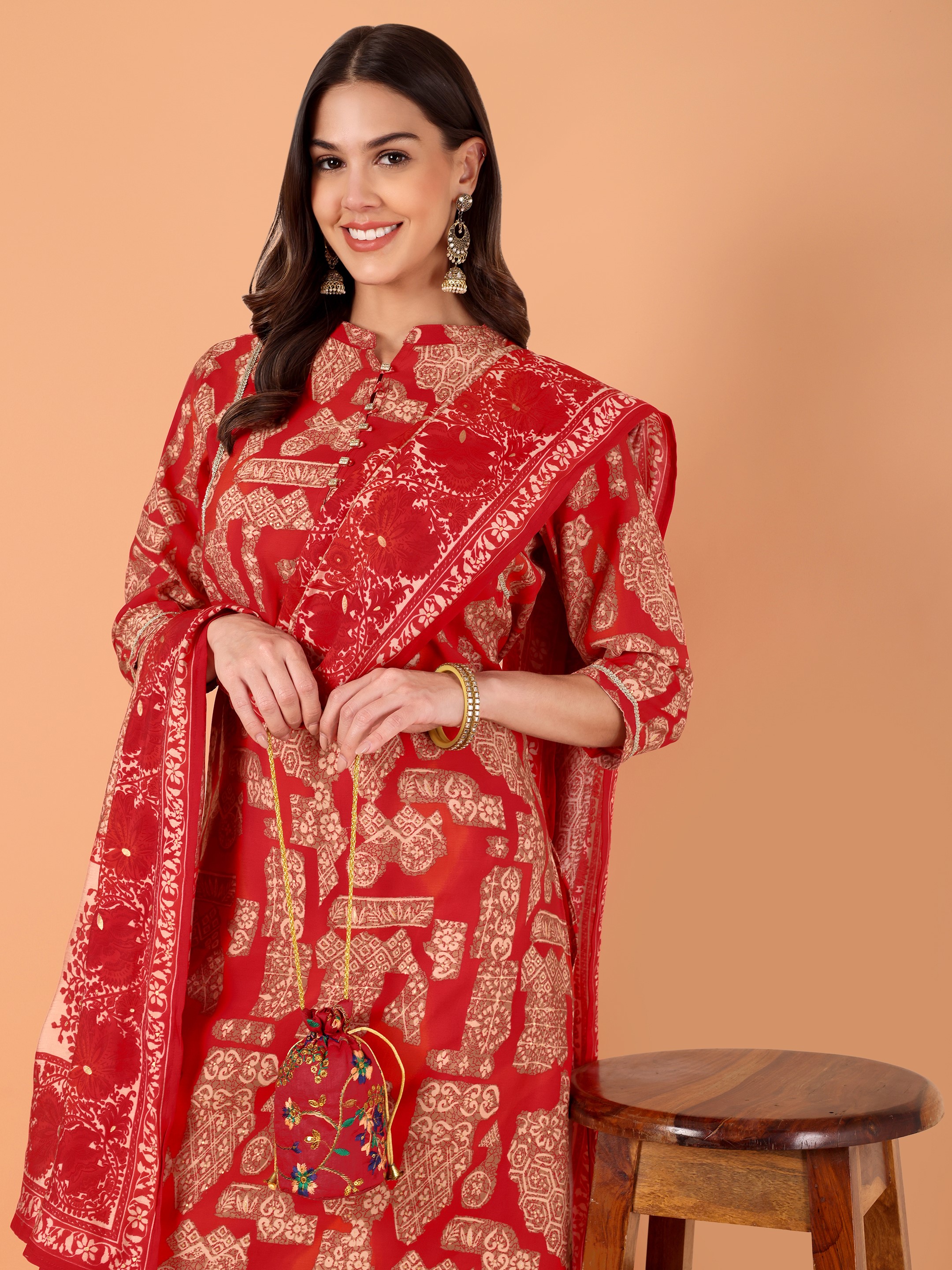 Women Printed Modal Chanderi Kurta Pant With Dupatta Set