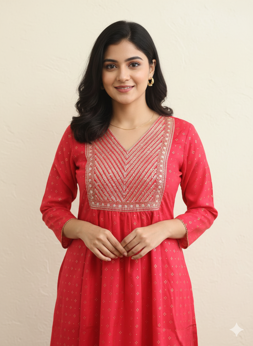 Women's Embroidered Rayon Printed Straight Kurta