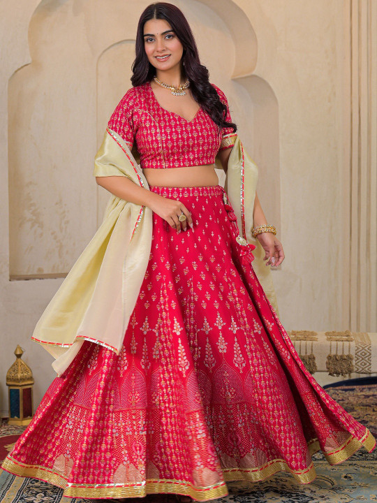 Women Rayon Fabric Gold Printed Ready to Wear Lehenga & Blouse With Dupatta Set