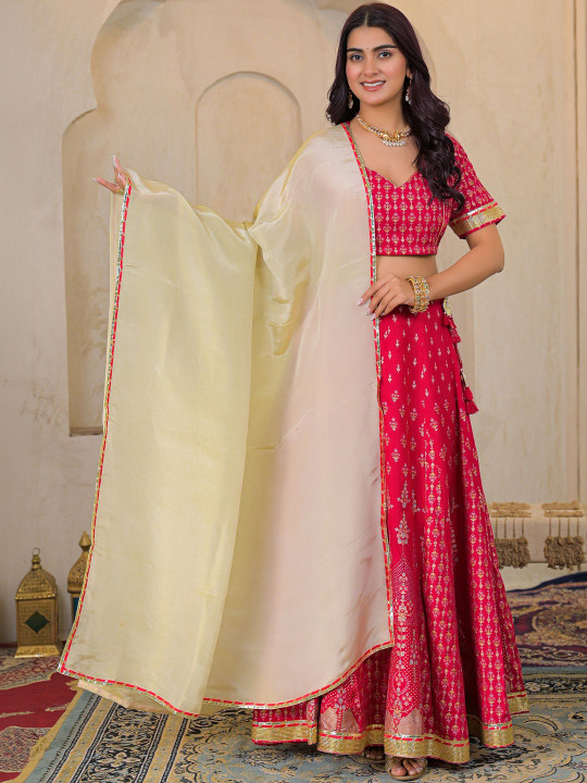 Women Rayon Fabric Gold Printed Ready to Wear Lehenga & Blouse With Dupatta Set