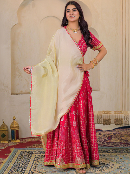 Women Rayon Fabric Gold Printed Ready to Wear Lehenga & Blouse With Dupatta Set