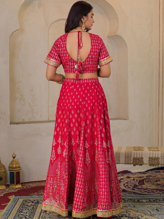 Women Rayon Fabric Gold Printed Ready to Wear Lehenga & Blouse With Dupatta Set Hover