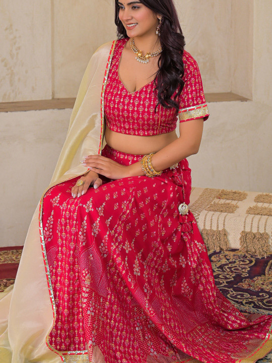 Women Rayon Fabric Gold Printed Ready to Wear Lehenga & Blouse With Dupatta Set