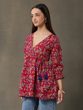 VASVI Women's  Cotton Printed Casual Top, Red