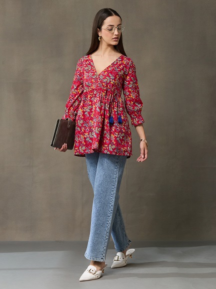 VASVI Women's  Cotton Printed Casual Top, Red