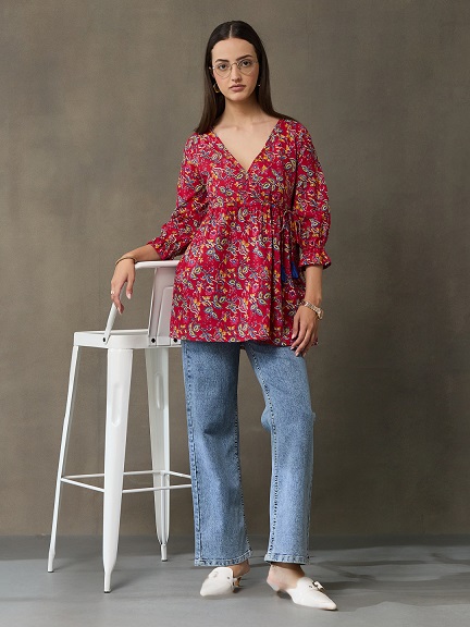 VASVI Women's  Cotton Printed Casual Top, Red