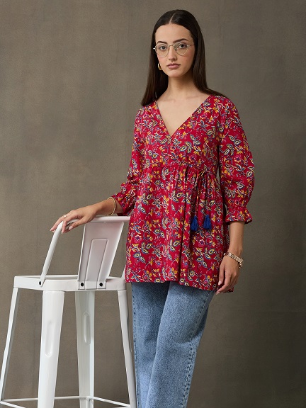 VASVI Women's  Cotton Printed Casual Top, Red