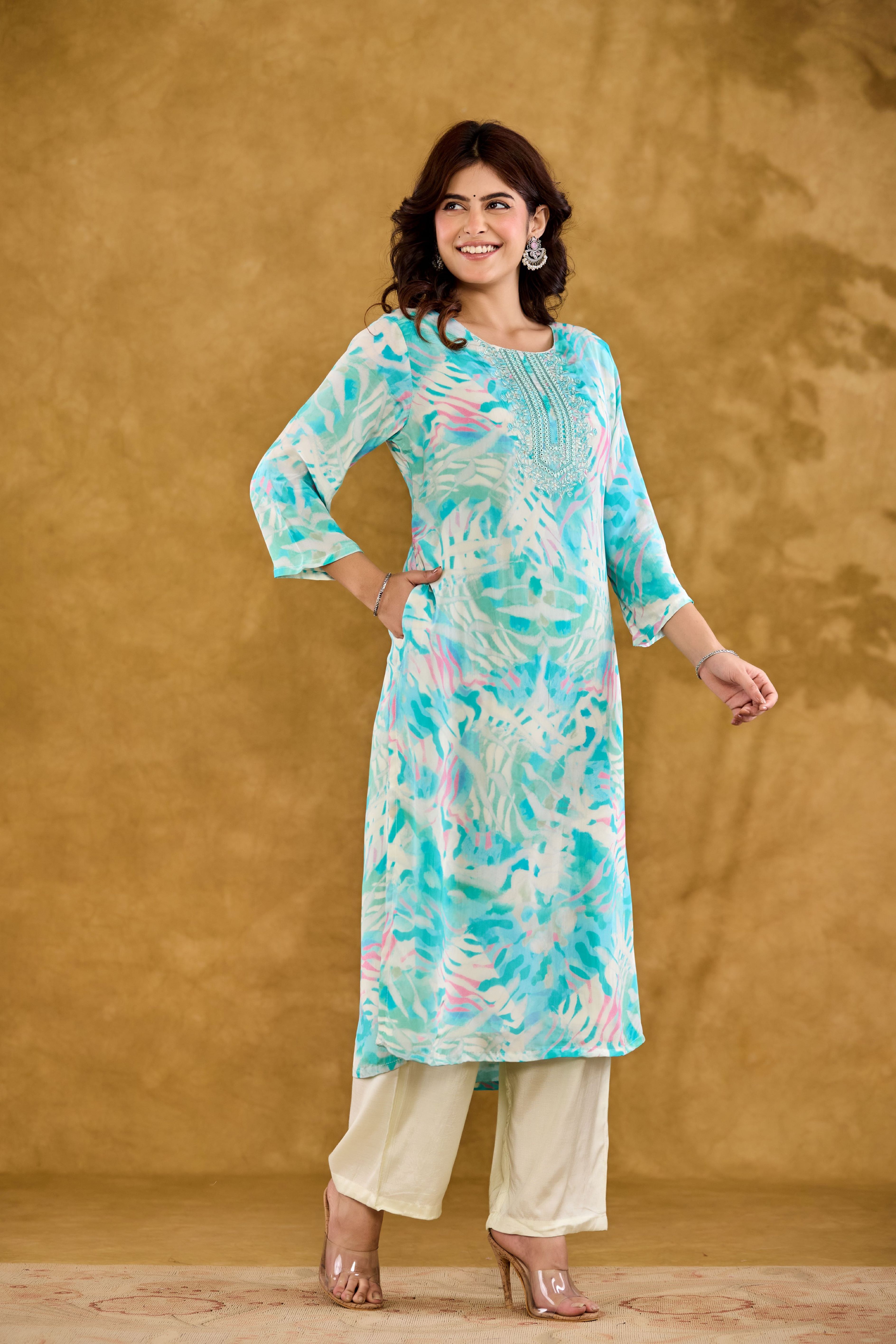 Crepe Embroidered Yoke Design Kurta, Pant With DupattaSet