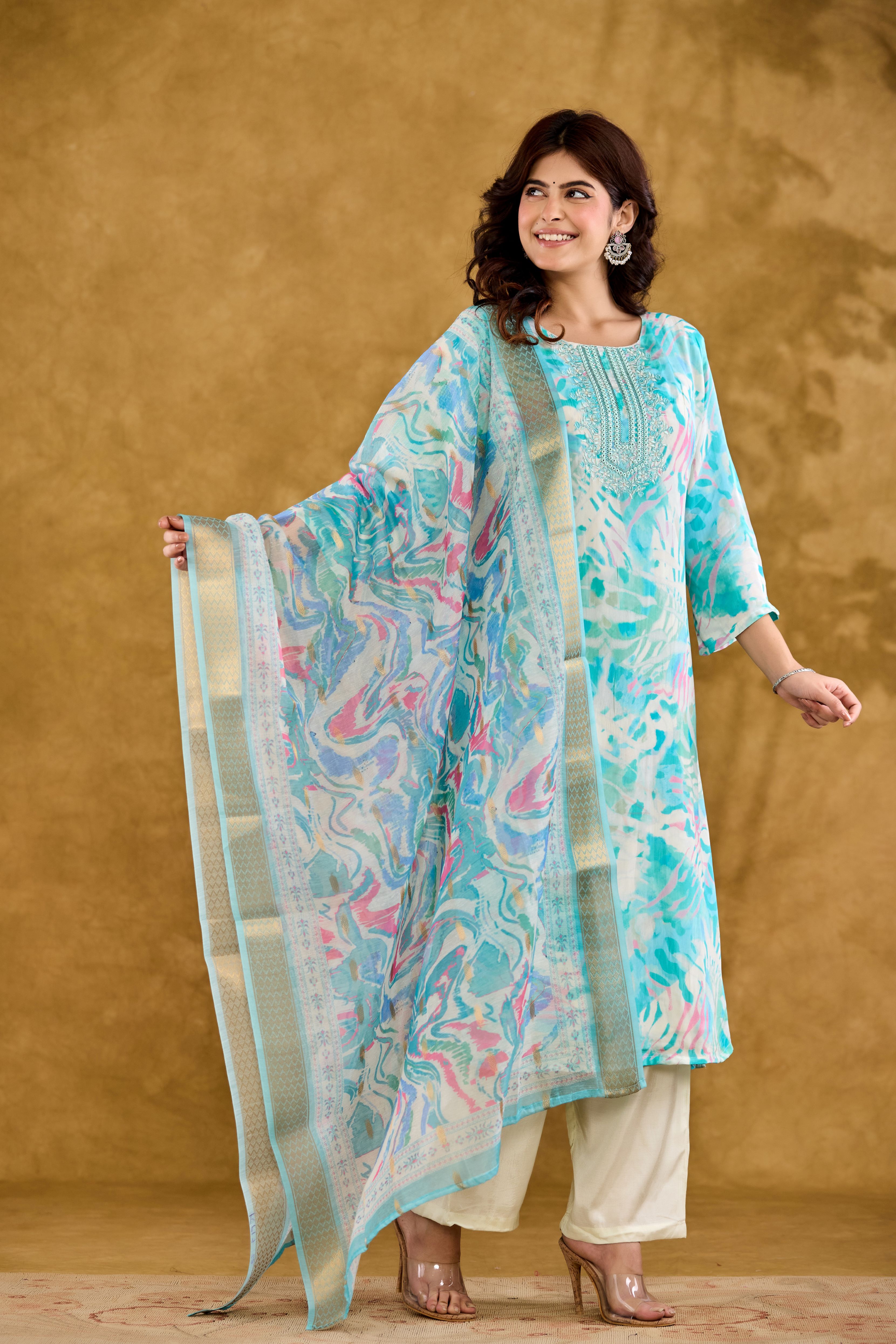 Crepe Embroidered Yoke Design Kurta, Pant With DupattaSet