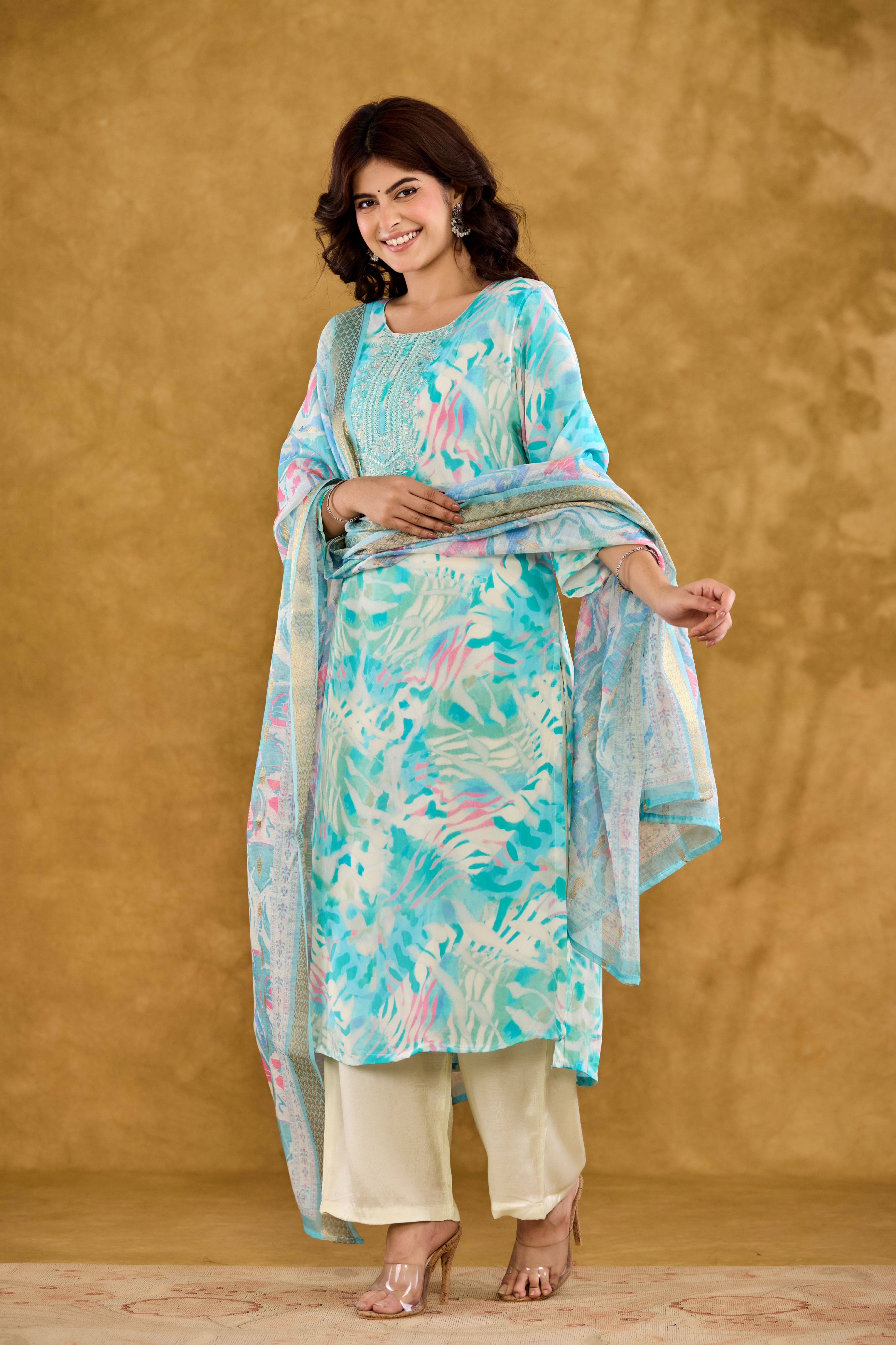 Crepe Embroidered Yoke Design Kurta, Pant With DupattaSet