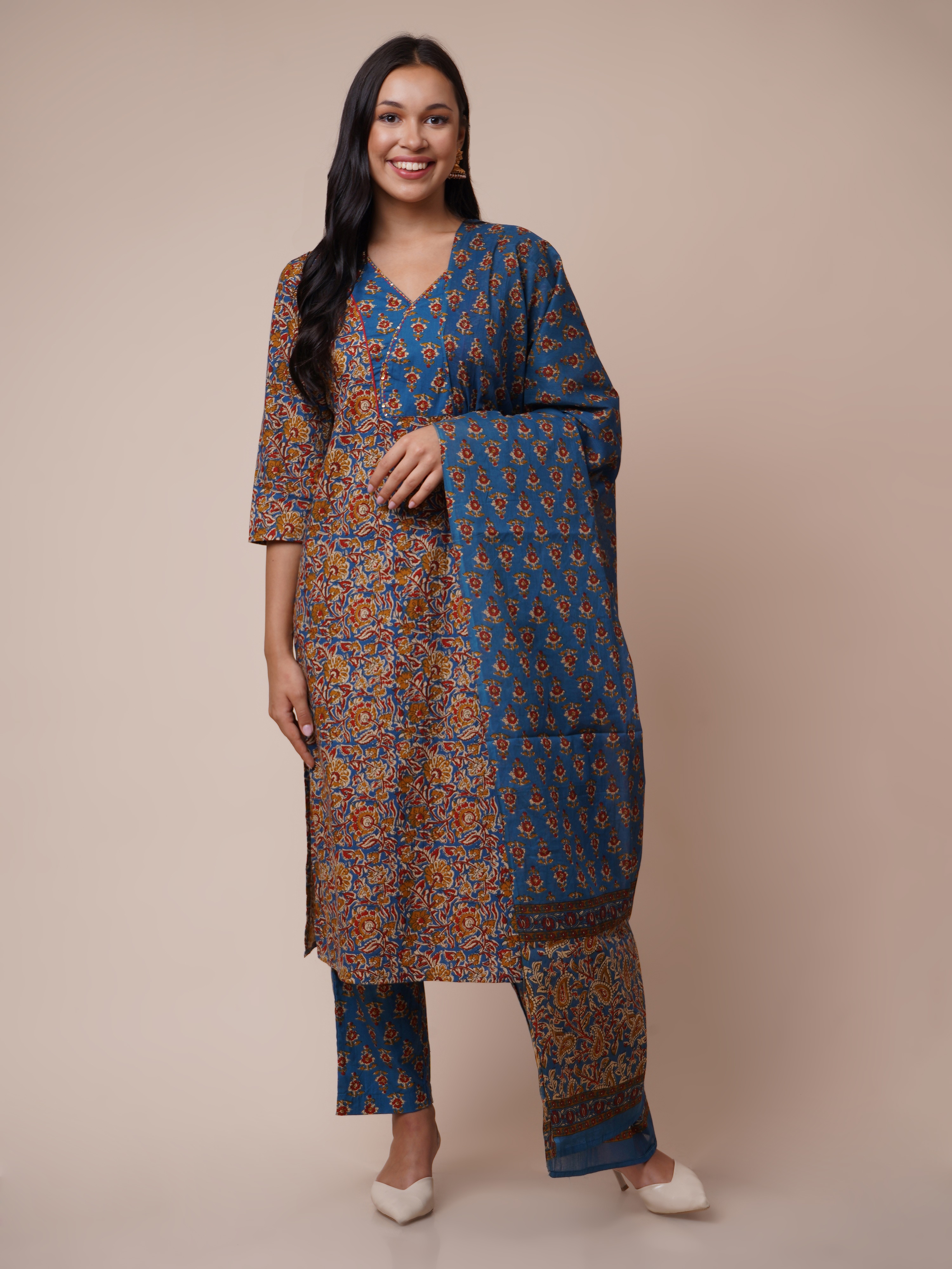 Kalamkari Printed Regular Pure Cotton Kurta with Trousers & With Dupatta